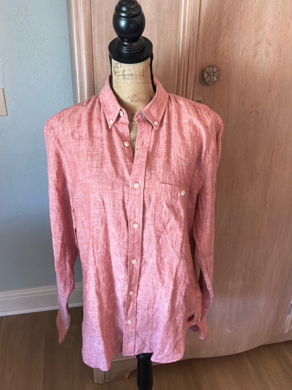 NWT 7 FOR ALL MANKIND Linen Blend Men’s Long Sleeve Button Down Shirt coral M